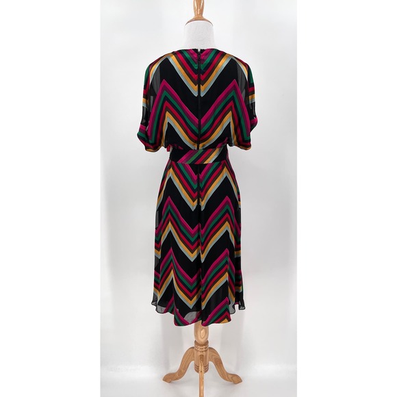 ALICE + OLIVIA Midi Dress Womens 2 Black Rainbow Multi Chevron Burnout Tie Waist - Picture 4 of 16